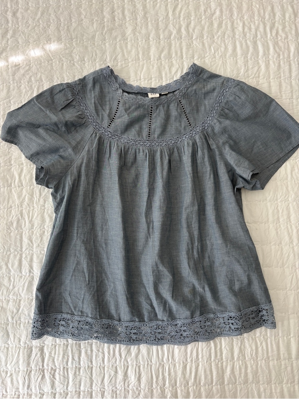 GAP Blue Crochet-Trim Short Sleeve Peasant Top